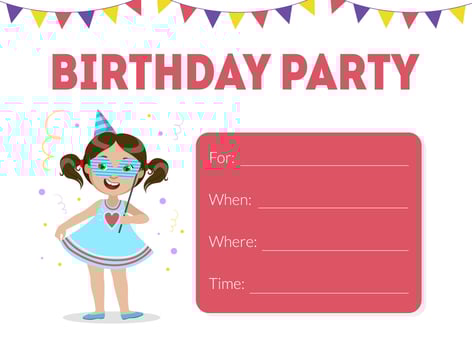 Pink birthday invitation with painted girl cartoon illustration vector