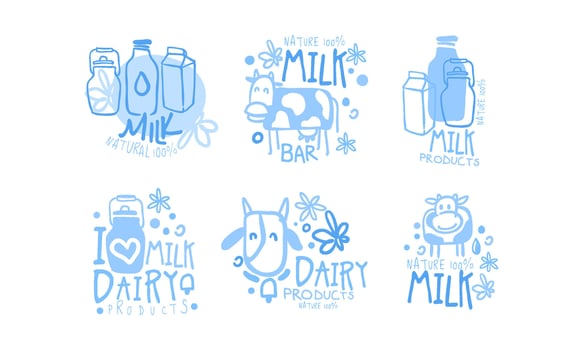 Natural Milk Dairy Products Logo Set, I Love Milk Hand Drawn Labels Illustration vector