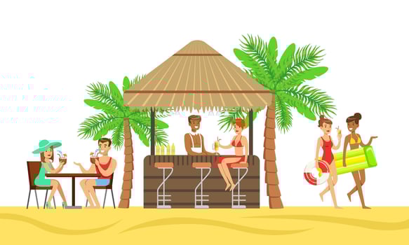 Happy People Sitting in Tropical Beach Cafe, Drinking Cocktails and Talking, Male and Female Tourists on Summer Vacation Illustration vector