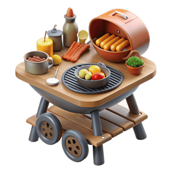 Summer BBQ Grill Cart with Hot Dogs, Sausages Veggies png