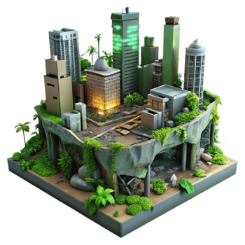 Overgrown Cityscape Urban Ruins Reclaimed by Nature png