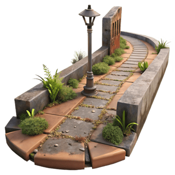 Curved Stone Path with Lamp and Greenery png