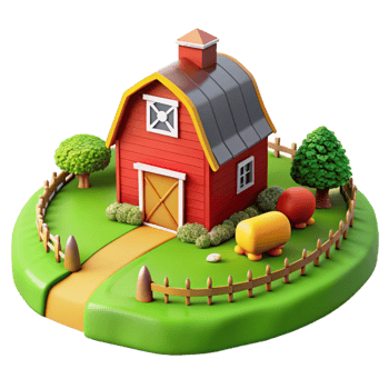 Cartoon Farm Scene Red Barn, Fence, Trees png