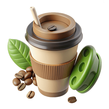 Coffee Cup, Beans, Leaves, and Eco-Friendly Lid png