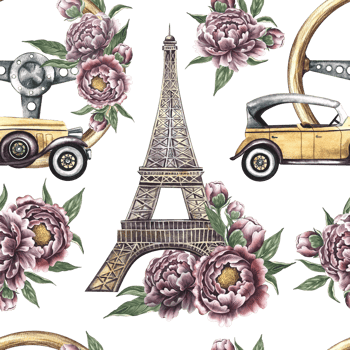 Seamless pattern with retro cars, Eiffel towers, vintage steering wheel with vintage flowers. Handmade watercolor illustrations. Colorful, delicate, romantic pattern for textiles, wallpaper and more. png