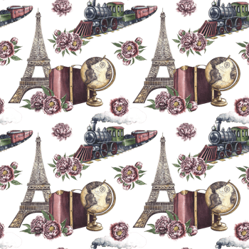 Seamless pattern with vintage train, suitcase, Eiffel tower, globe and peonies. Handmade watercolor illustration. Colorful, delicate, romantic pattern for textiles, wallpaper, packaging, and more. png