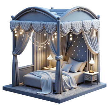 Elegant Canopy Bed with Lights Drapes png