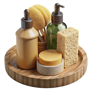 Wooden Bath Tray with Soap, Sponges, and Dispensers png