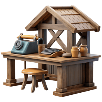 Rustic Wooden Desk with Vintage Communication Tools png