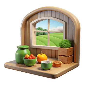 Farmhouse Windowsill Still Life Fruits, Grains, and a Scenic View png