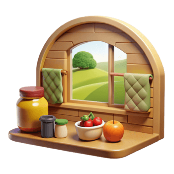 Countryside Windowsill Still Life Jars, Fruit, and Pastoral View png