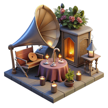 Cozy Fireplace Gramophone Evening png
