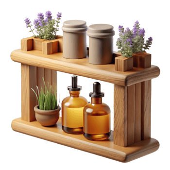 Wooden Shelf with Essential Oils and Herbs png