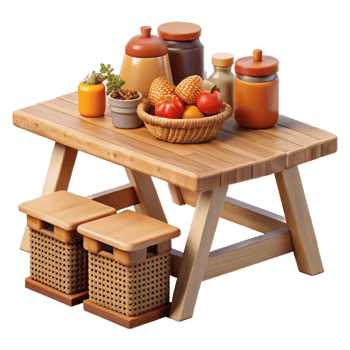 Wooden Picnic Table with Stools and Fruit png