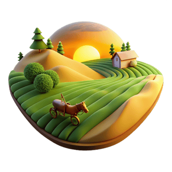 Sunset Farm Horse Cart, Rolling Hills, and Rural Scene png