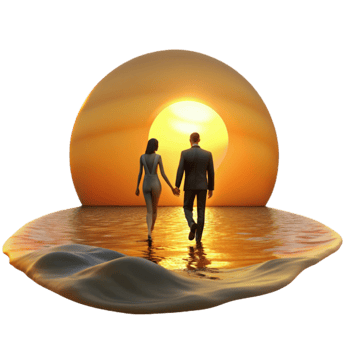 Sunset Romance Couple Walking into Golden Horizon png