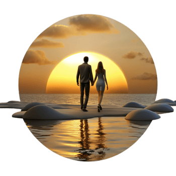 Sunset Romance Couple Walking on Beach at Golden Hour png