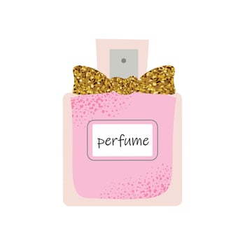 Elegant pink perfume bottle with a golden bow. Stylish feminine accessory for beauty and luxury themes. Flat illustration isolated on white background. vector