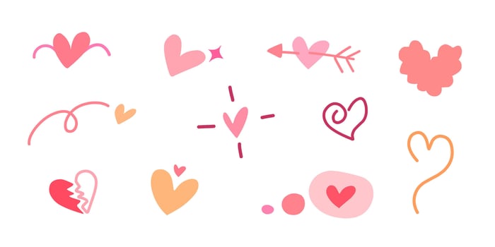 Set of flat doodle, cute heart icon, love sign element in pink color isolated background. vector