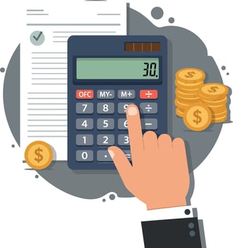 Calculator in hand calculating expenses with coins and checklist in a flat illustration vector