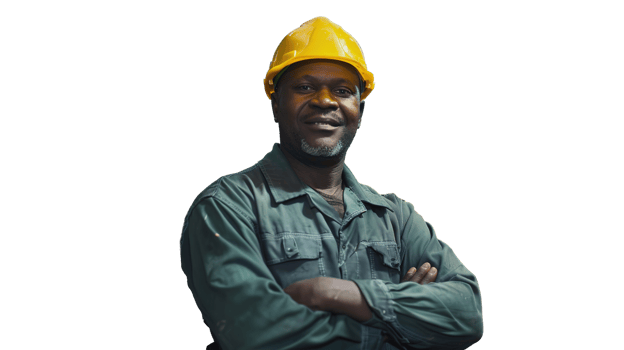 Happy Black Factory Construction Worker Isolated on Transparent, Wearing Protective Workwear and Helmet on Job Site png