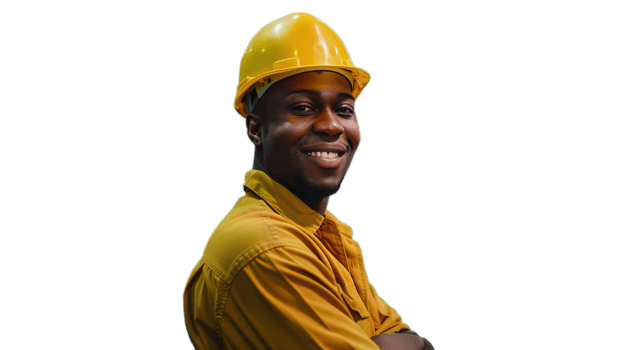 Smiling African American Industrial Worker on Transparent, Dressed in Safety Gear and Hard Hat at Factory png