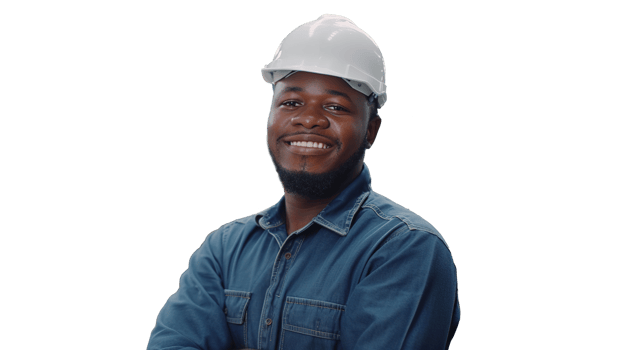 Cheerful Black African American Factory Worker on Transparent, Wearing Hard Hat and Work Uniform on Production png