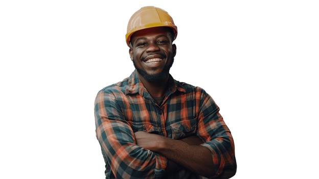 Cheerful Black African American Factory Worker on Transparent, Wearing Hard Hat and Work Uniform on Production Line png