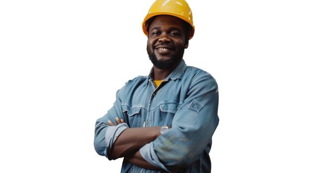 Happy Black African American Factory Construction Worker on Transparent with Hard Hat and Work Clothes on Production Line png
