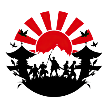 Silhouettes of people standing in front of a rising sun with a traditional Japanese pagoda in the background. png
