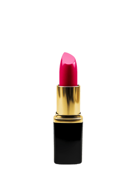 Vibrant pink lipstick in gold and black packaging. png