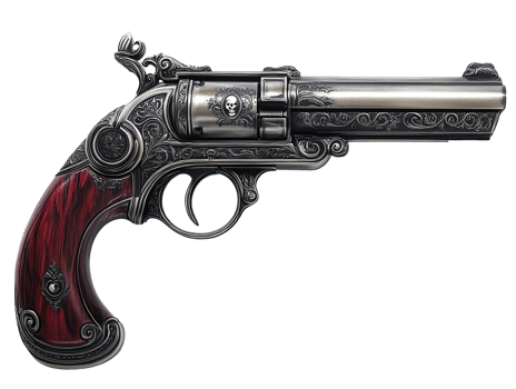 Vintage gun with detailed engravings and wooden handle. png