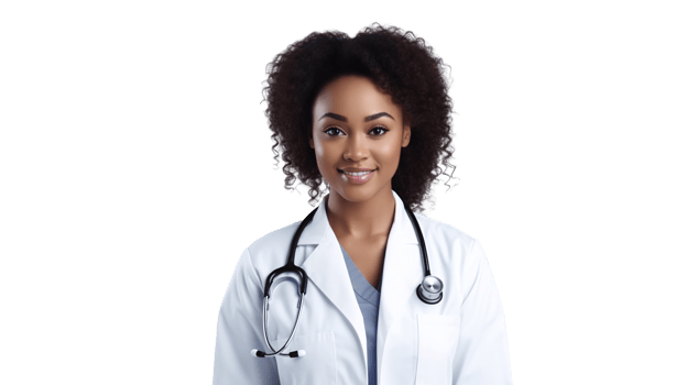 African American Female Doctor Isolated on Transparent Background. Copy Space, DEI, DEIB Concept png