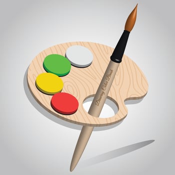 A 3D digital illustration of a wooden palette with vibrant paint blobs in red, yellow, green, and white With a paintbrush for drawing. vector