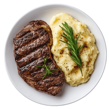 steak and mashed potatoes on a plate with rosemary isolate on transparent background png
