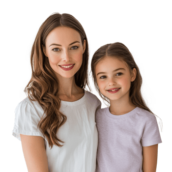 a mother and daughter standing together on a white background png