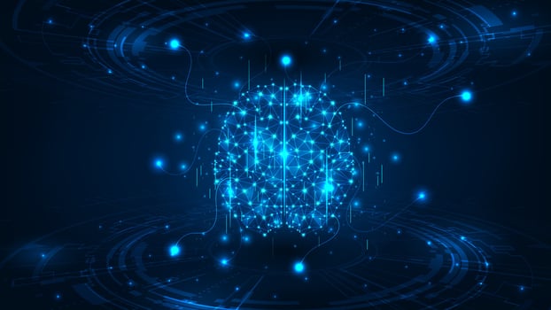 Artificial Intelligence concept. Glowing blue brain circuit with HUD intreface. Technology abstract background. vector