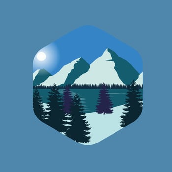 Winter mountain landscape with snow, lake, and blue sky. Decoration template vector