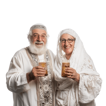 an elderly couple in traditional clothing holding beer glasses png