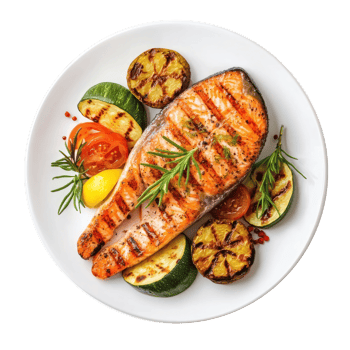grilled salmon steak with vegetables on a plate isolate on transparent background png