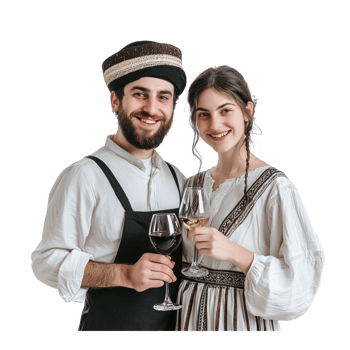 a man and woman in traditional clothing holding wine glasses png