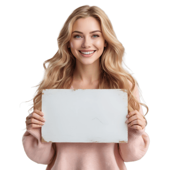 Smiling Woman Holding Blank Sign Customizable Mockup png