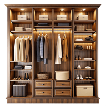 Modern wardrobe with wood veneer finish, built-in shelves, and interior lighting for a sleek organized look. png