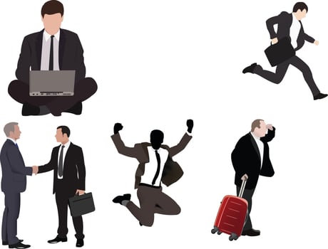 Businessmen posing in different situations working together concept vector