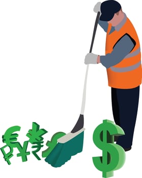 Street sweeper sweeping away world currencies except us dollar vector