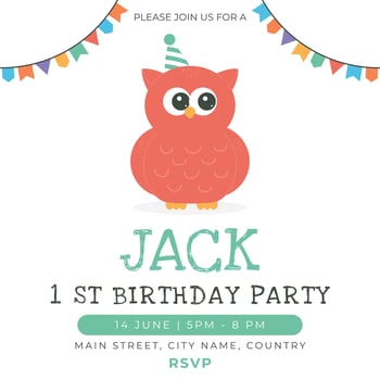 Greeting and invitation card for kids 1st Birthday party. Cute baby owl in flat childrens style. illustration, design for card, poster, event vector