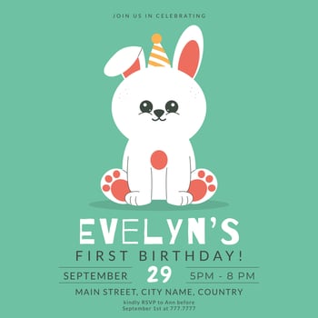 Greeting and invitation card for kids first Birthday party. Cute baby rabbit in flat childrens style. illustration, design for card, poster, banner vector