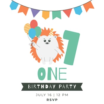 Greeting invitation card for first kids Birthday party. Cute baby hedgehog, balloons, number one in flat childrens style. illustration, design for card, poster, banner vector