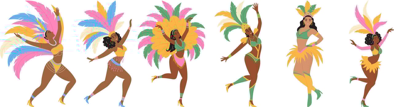 Brazilian carnival dancers. Set of women characters in festival costumes. Modern illustration vector