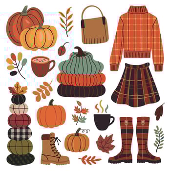 autumn flat design elements featuring pumpkins, sweaters, and cozy accessories for seasonal decorating vector